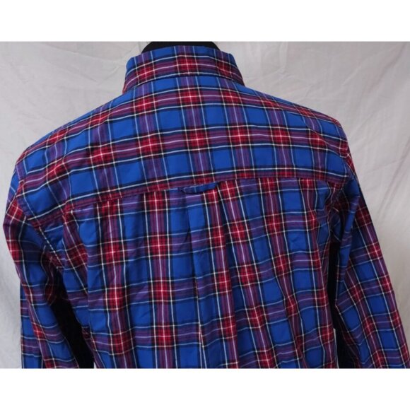 Chaps Easy Care Mens Medium Blue Red Plaid Long Sleeve Button Down Logo Shirt - Picture 9 of 11